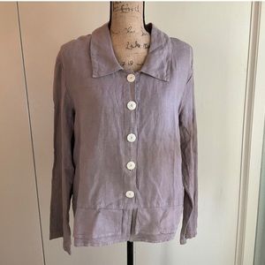 NWT Willow 109% Linen Lagenlook Minimalist Casual Button Up Ruffle Blouse shirt